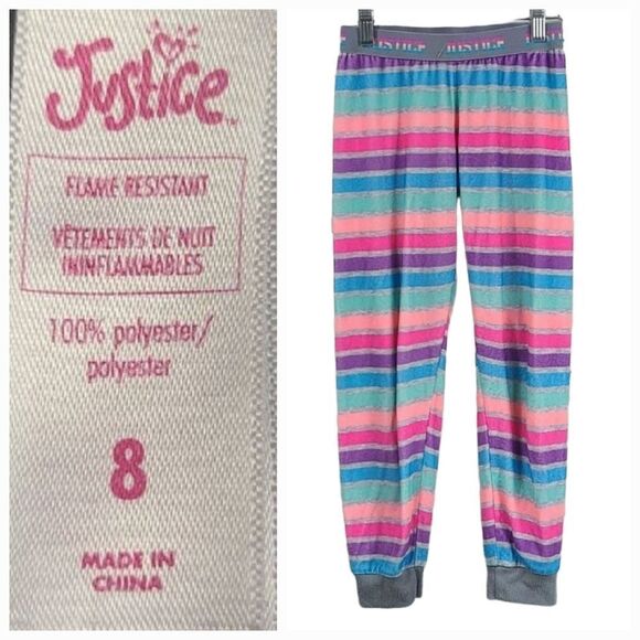Justice Girls 8 Plush Gray Pajama Jogger Pants Pink Purple Blue Stipes Colorful - Picture 1 of 8